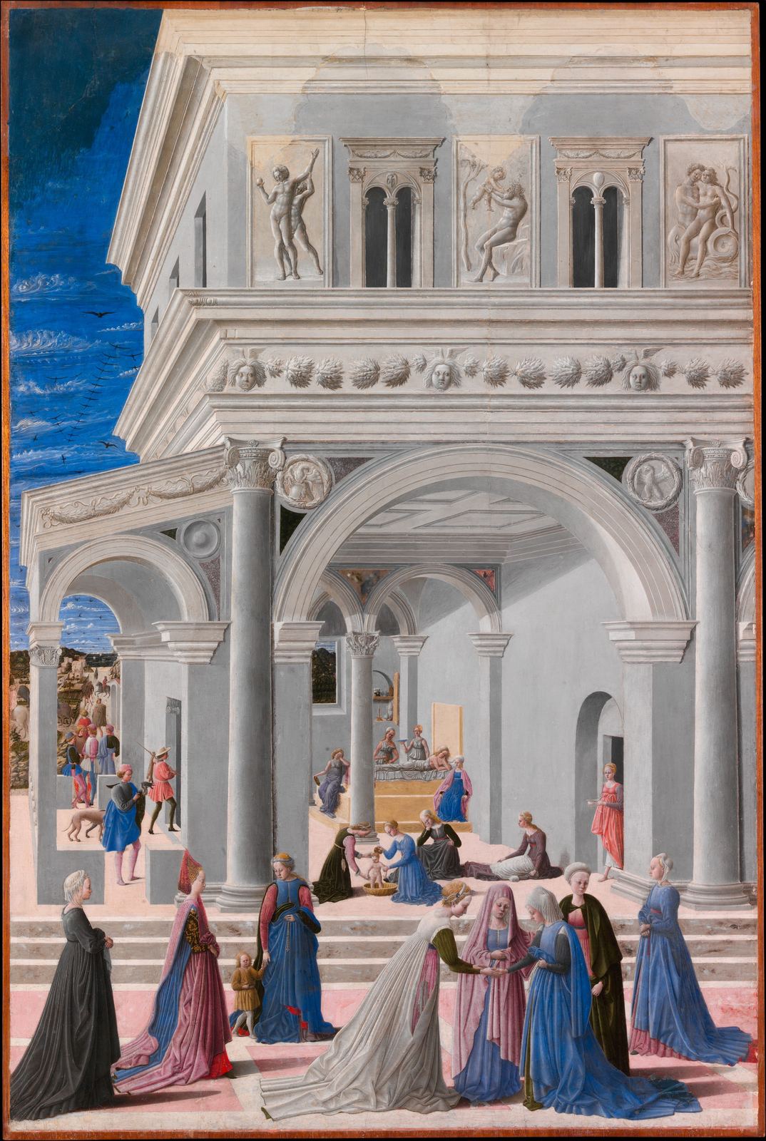 Pintura renascentista: pátio de um palácio com arcadas; ao fundo, num interior, o recém-nascimento de Maria; mulheres em vestes coloridas conversam no primeiro plano.