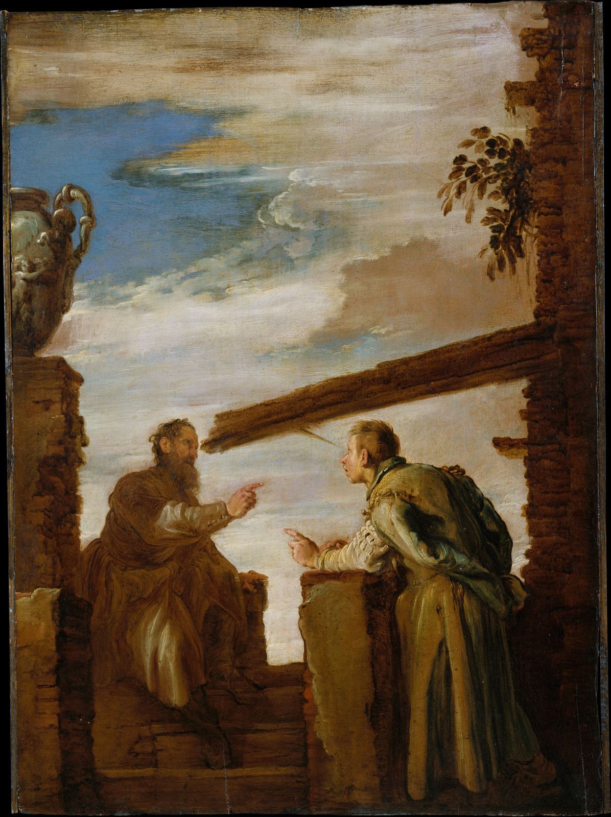 Pintura barroca: dois homens conversam junto a um muro sob um céu nublado; um deles tem uma grande viga atravessada diante do rosto.