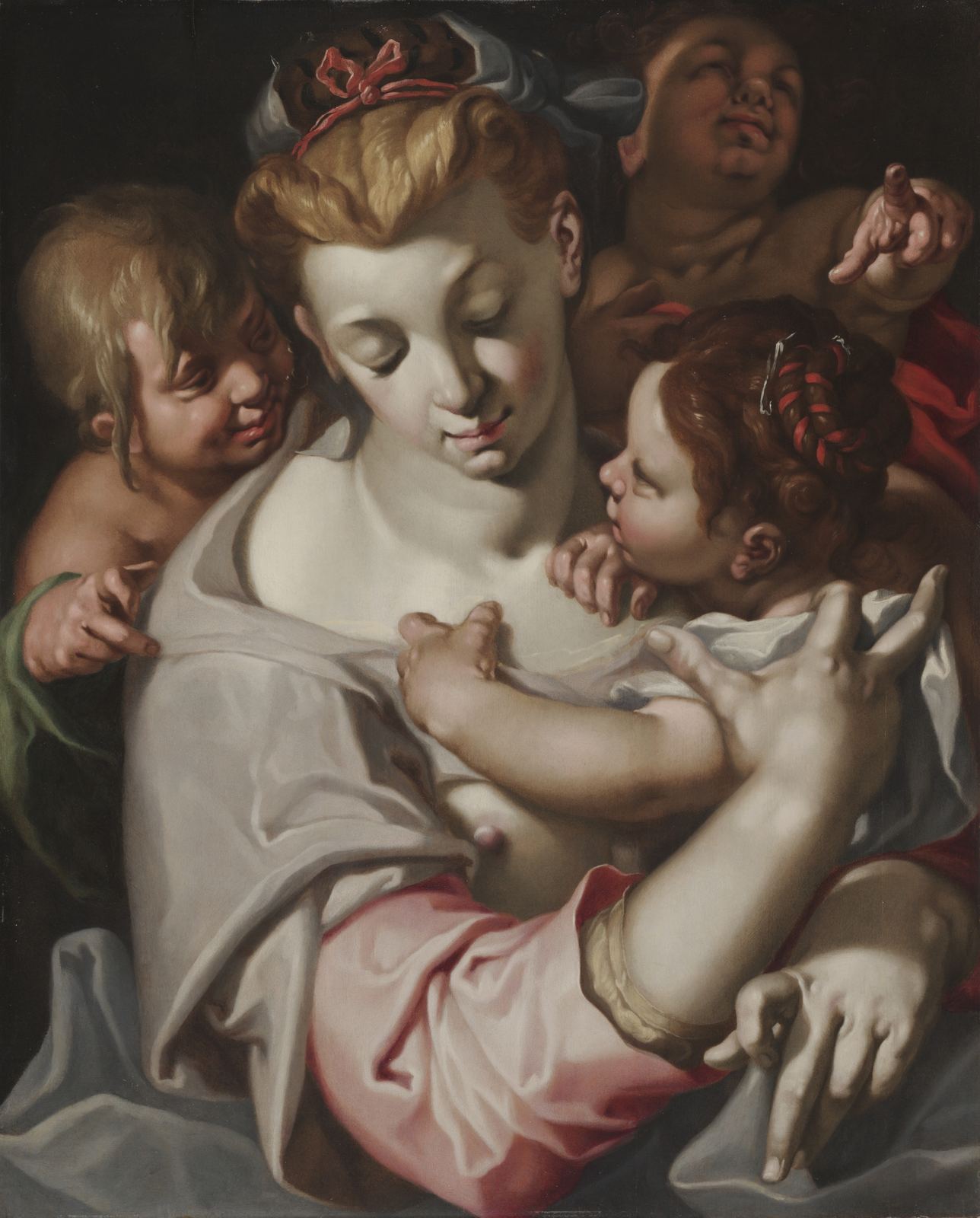 Pintura a óleo: uma mulher jovem, de olhos baixos e manto rosa, abraça três crianças; uma delas encosta o rosto no dela.