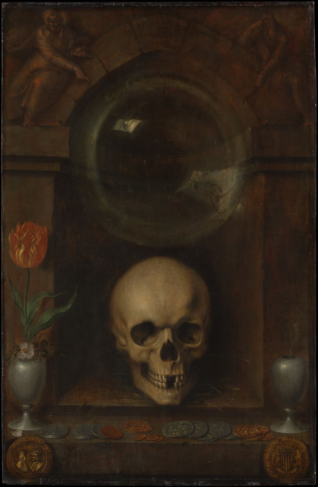 Pintura a óleo: numa nicho de pedra, uma grande bolha de sabão flutua sobre um crânio; ao lado, uma tulipa num jarro e um vaso com fumaça; embaixo, moedas espalhadas.