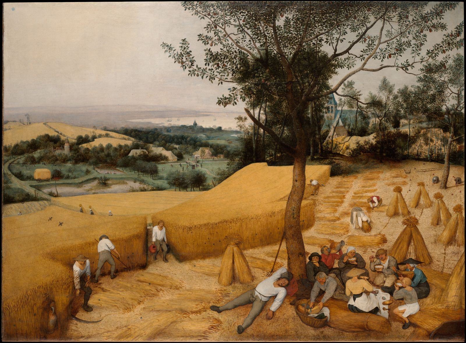 Pintura a óleo: um campo de trigo maduro, dourado, ocupa quase todo o quadro; poucos ceifadores cortam e amarram feixes, e um grupo descansa e come à sombra de uma pereira; ao fundo, aldeias e o mar.