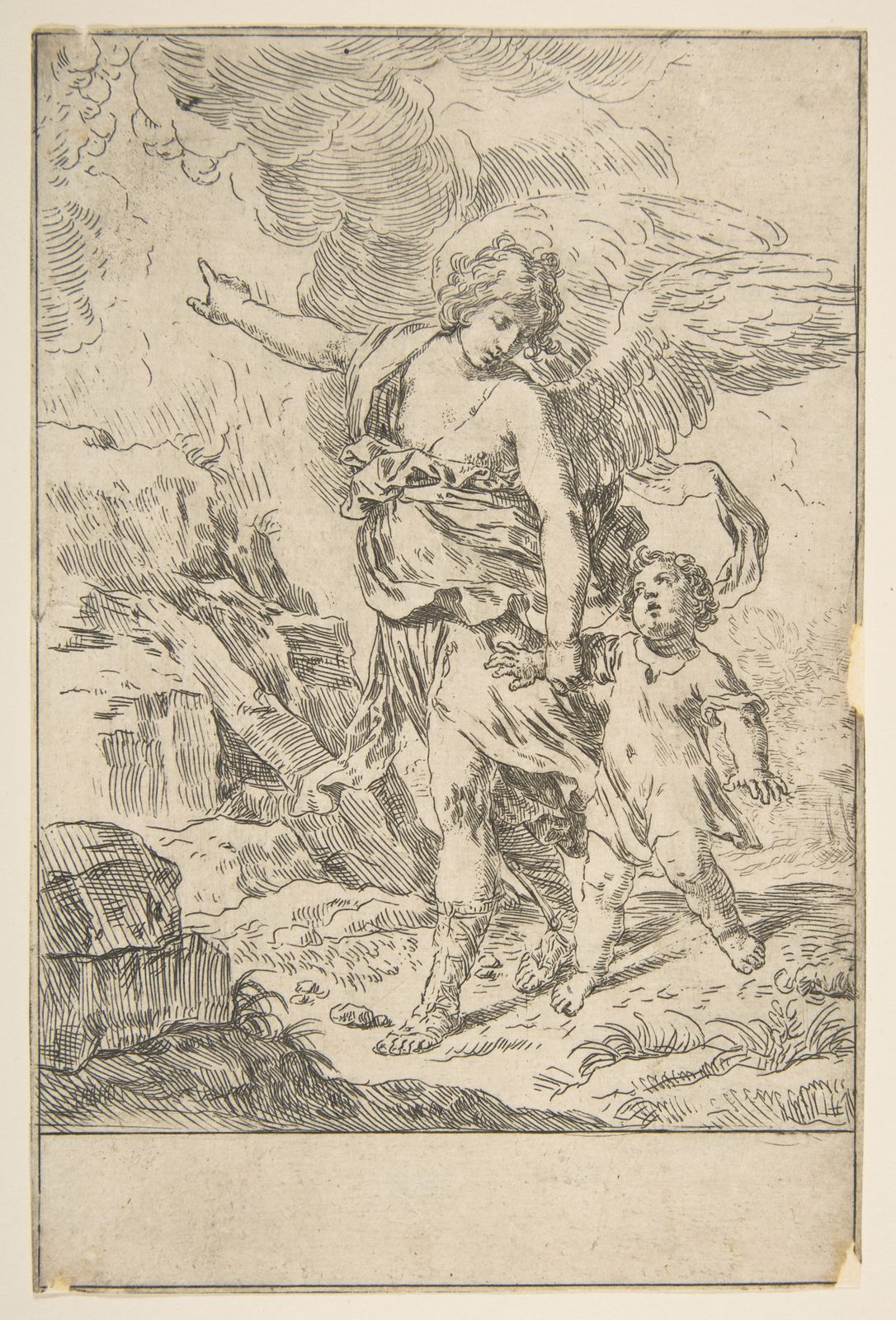 Água-forte em traço fino: um anjo de asas abertas caminha por um terreno pedregoso segurando pela mão uma criança pequena, e com o outro braço aponta para o alto.