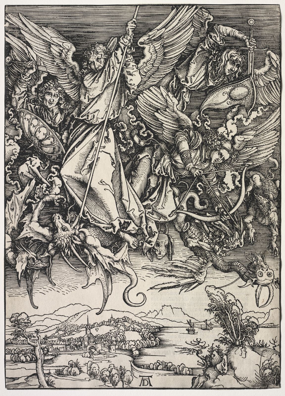 Xilogravura em preto e branco: no céu, um anjo de grandes asas crava a lança num dragão, cercado por outros anjos que lutam contra monstros alados; embaixo, uma paisagem tranquila com cidade, rio e montanhas.