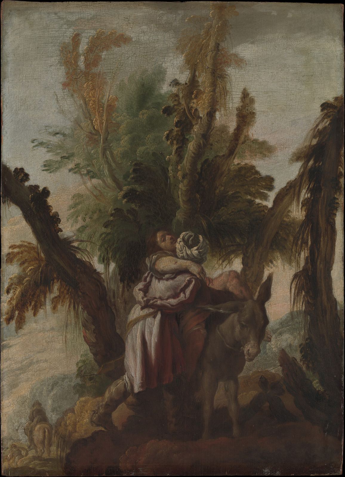 Pintura a óleo: numa paisagem de árvores altas e céu nublado, um homem de turbante branco ergue nos braços um homem ferido, de torso nu, para colocá-lo sobre um burro.