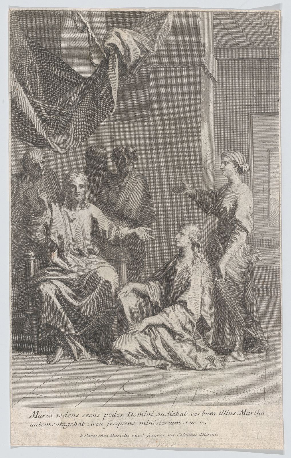 Gravura em preto e branco: Jesus, sentado, volta-se e estende a mão para uma mulher de pé, que gesticula; outra mulher está sentada no chão, aos pés dele, de mãos cruzadas; ao fundo, três homens observam; embaixo, uma legenda em latim.