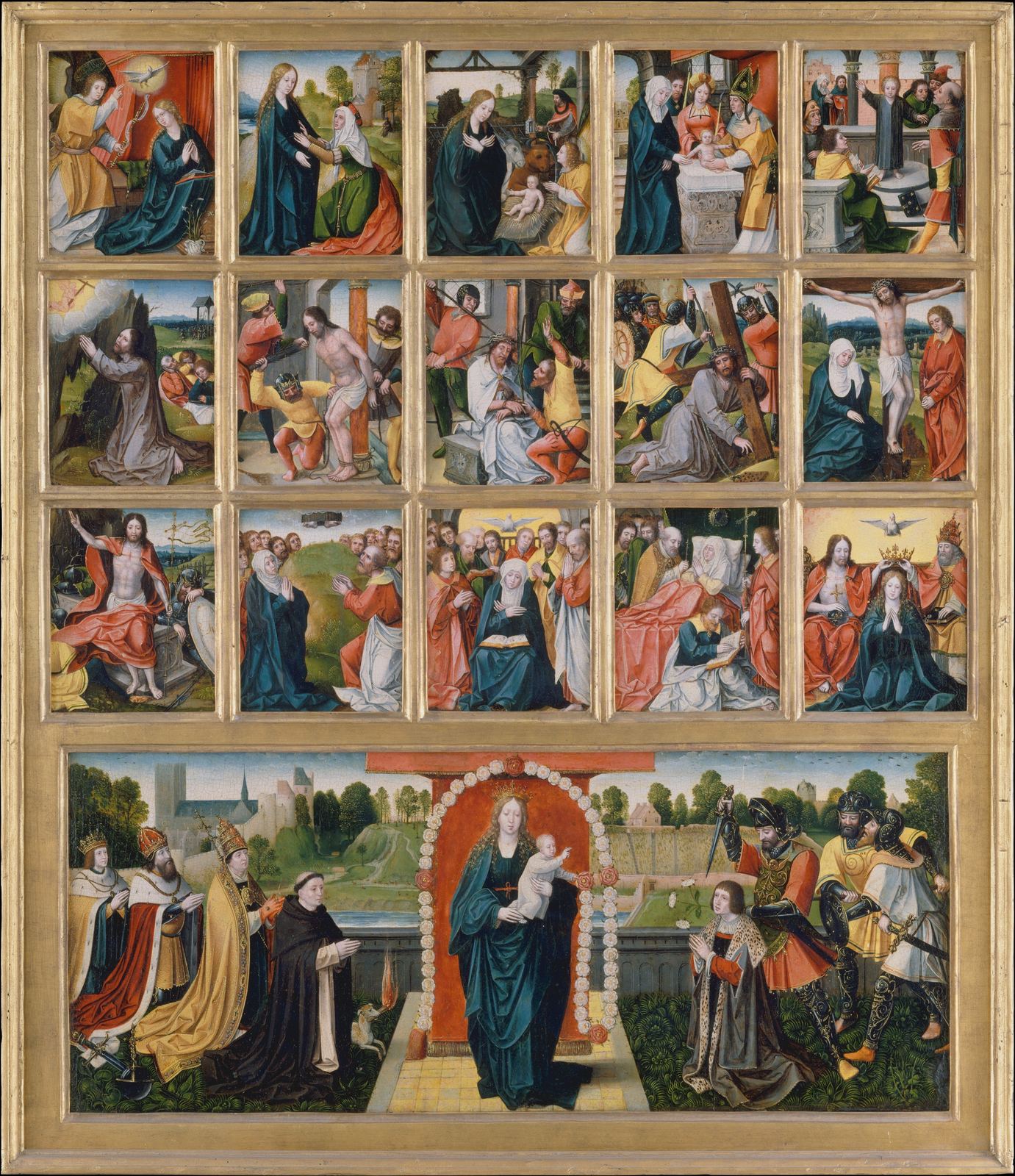 Conjunto de pinturas em moldura dourada: quinze pequenos quadros coloridos, em três fileiras, com cenas da vida de Jesus e de Maria, da Anunciação à Coroação; embaixo, um painel largo com a Virgem e o Menino de pé sob um arco de rosas, entre figuras ajoelhadas.