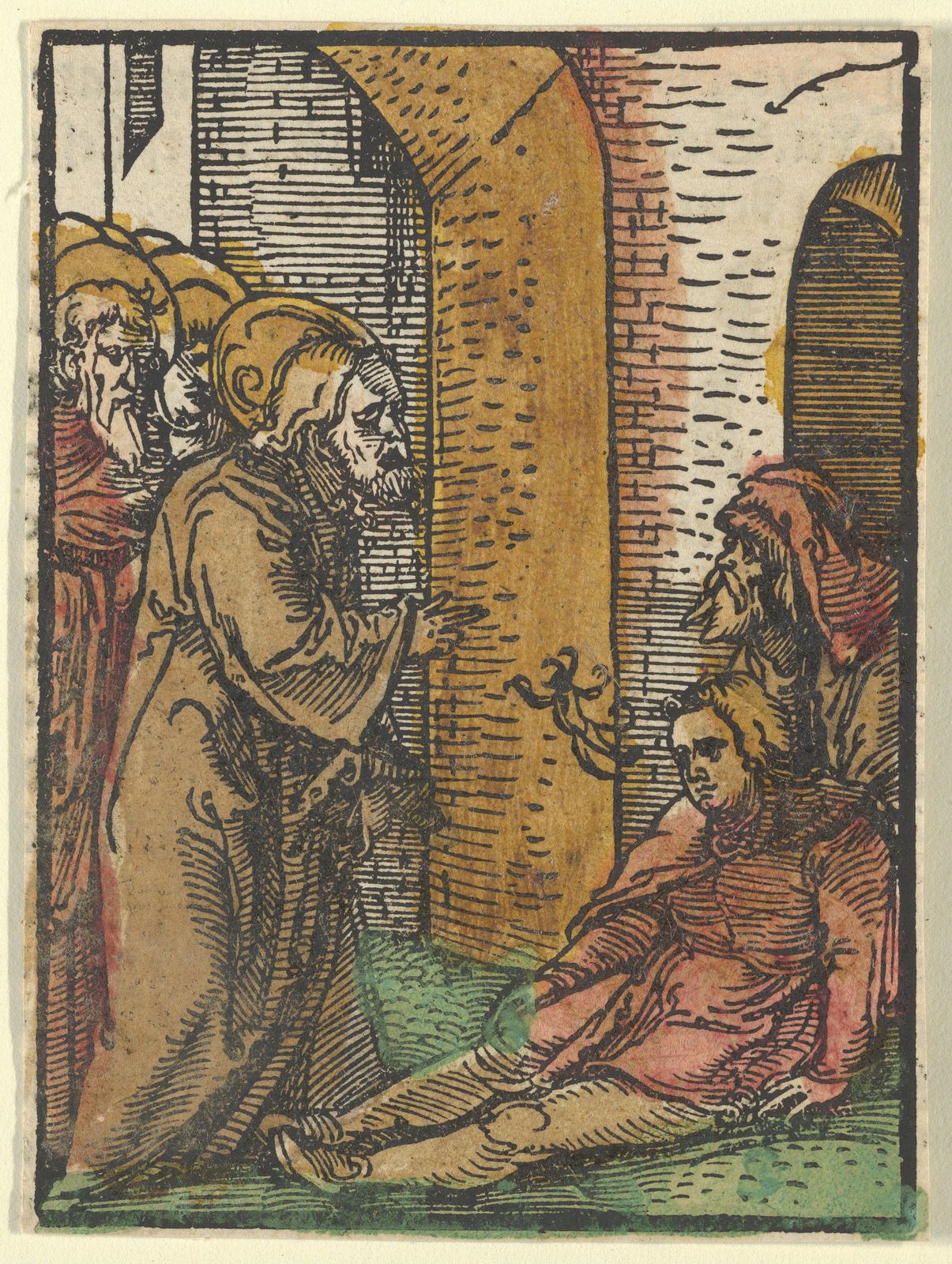 Xilogravura colorida à mão: Jesus, de túnica castanha e auréola, ergue a mão diante de um jovem caído no chão, amparado por um homem de capuz; da boca do jovem sai um pequeno demônio escuro; atrás de Jesus, dois discípulos.