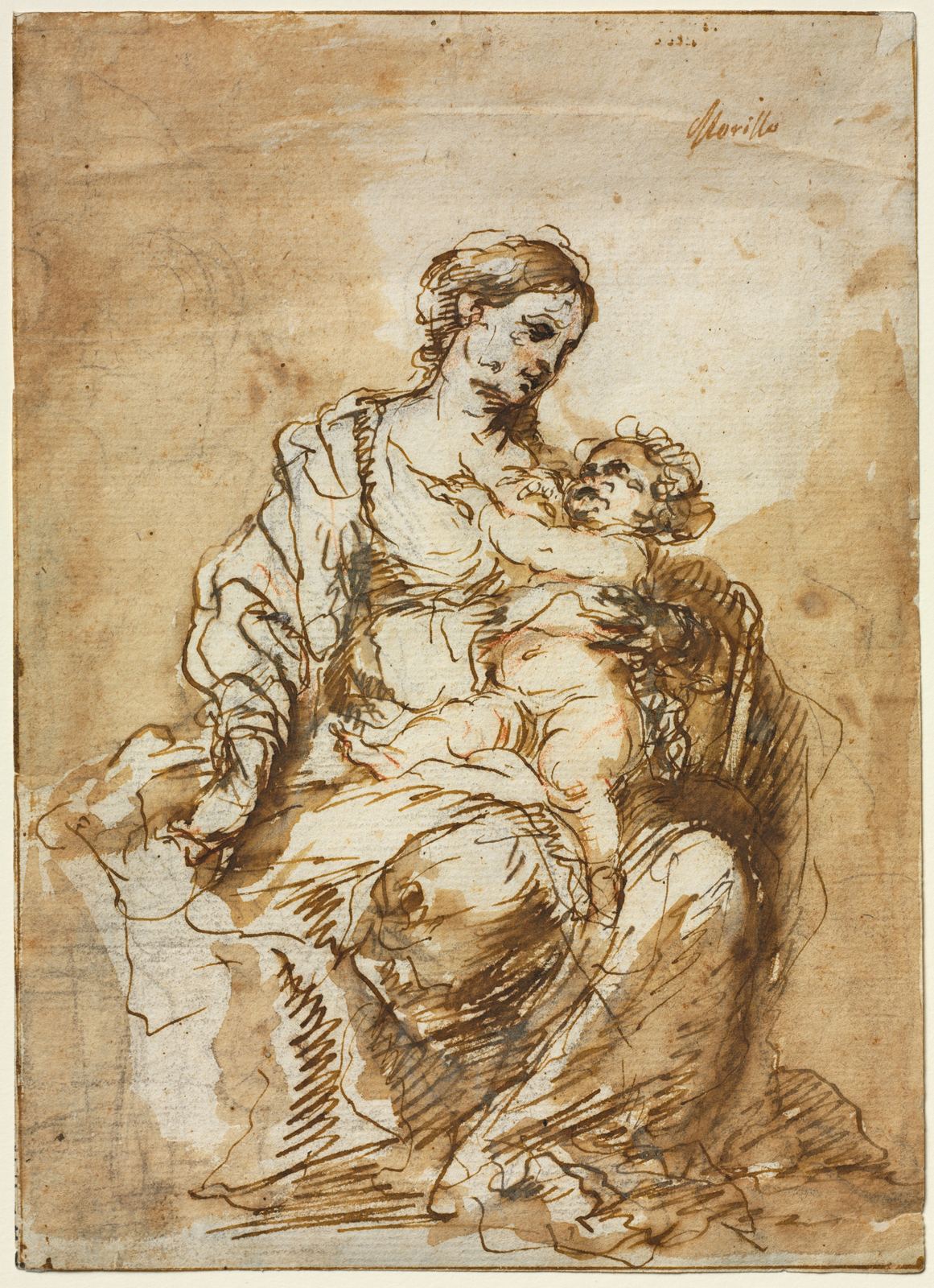 Desenho a pena e aguada castanha sobre papel amarelado: uma mulher sentada inclina a cabeça para o bebê que amamenta, segurando-o junto ao peito com as duas mãos.